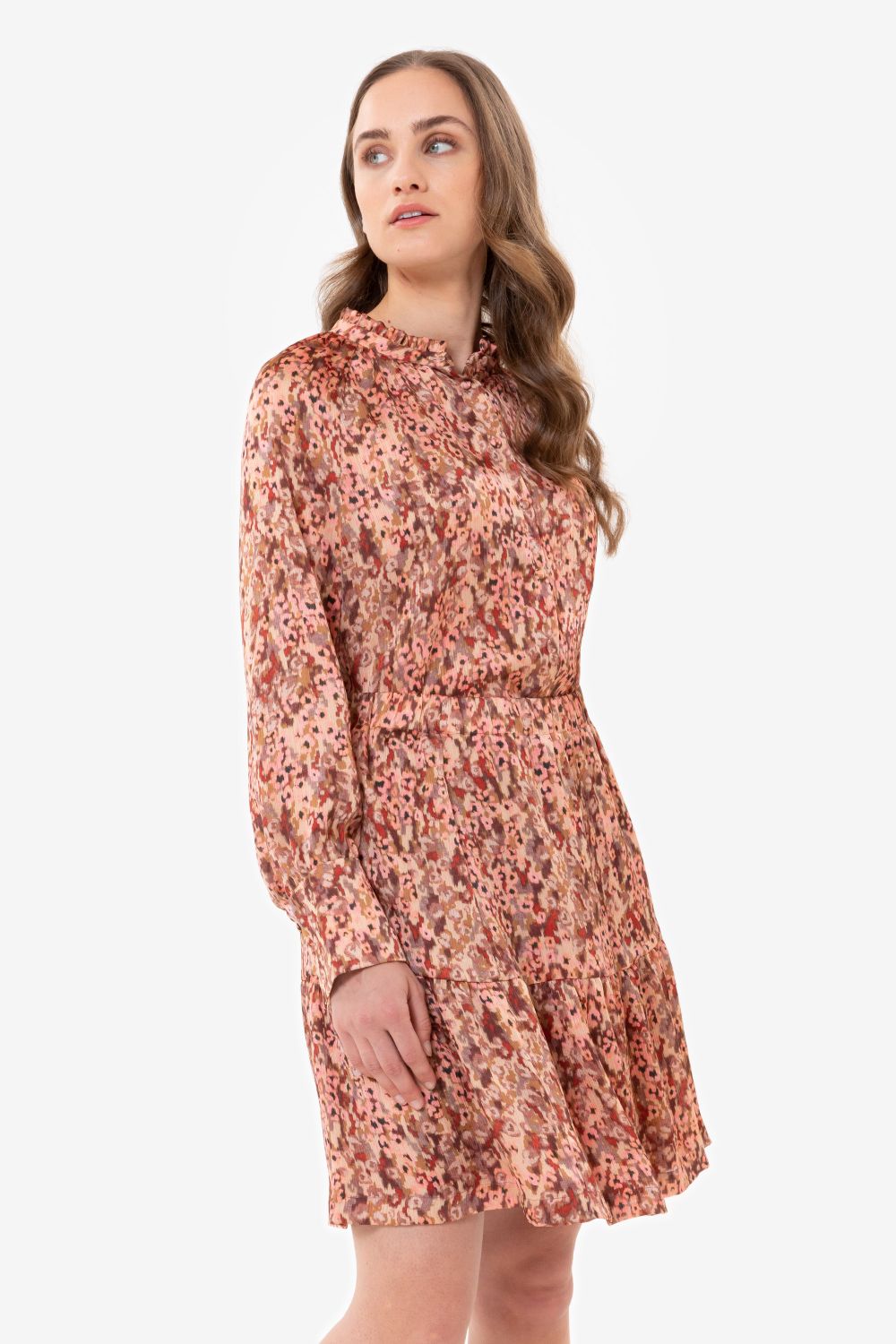 Blouse beige-marron, à imprimé floral rose