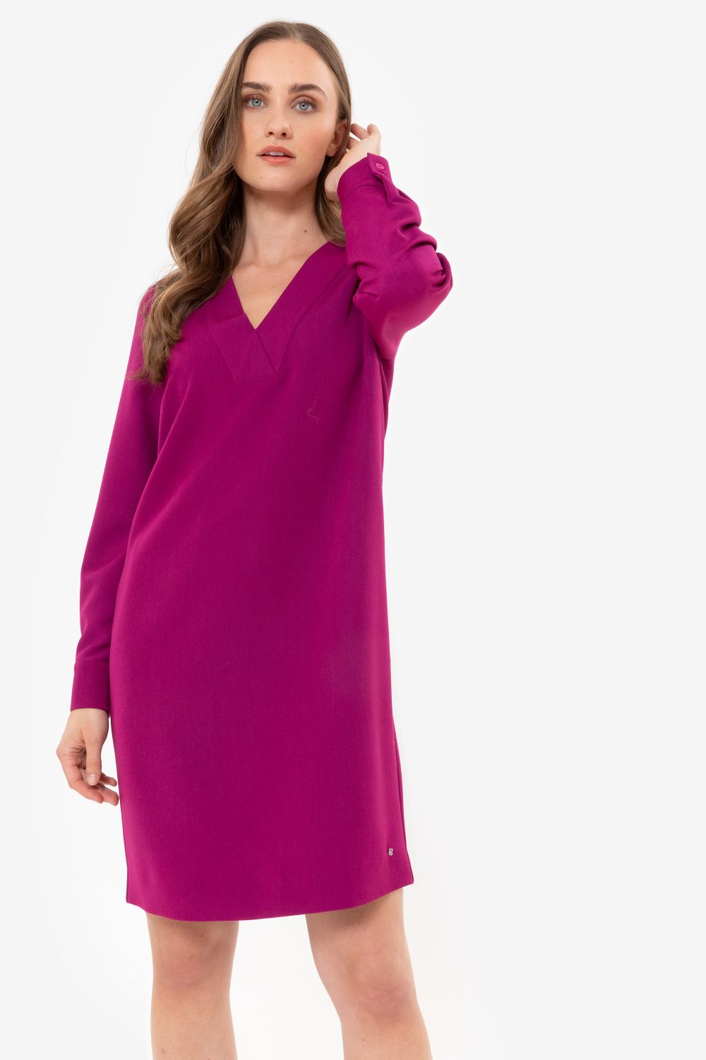 Robe midi fuchsia, à col V et manches longues