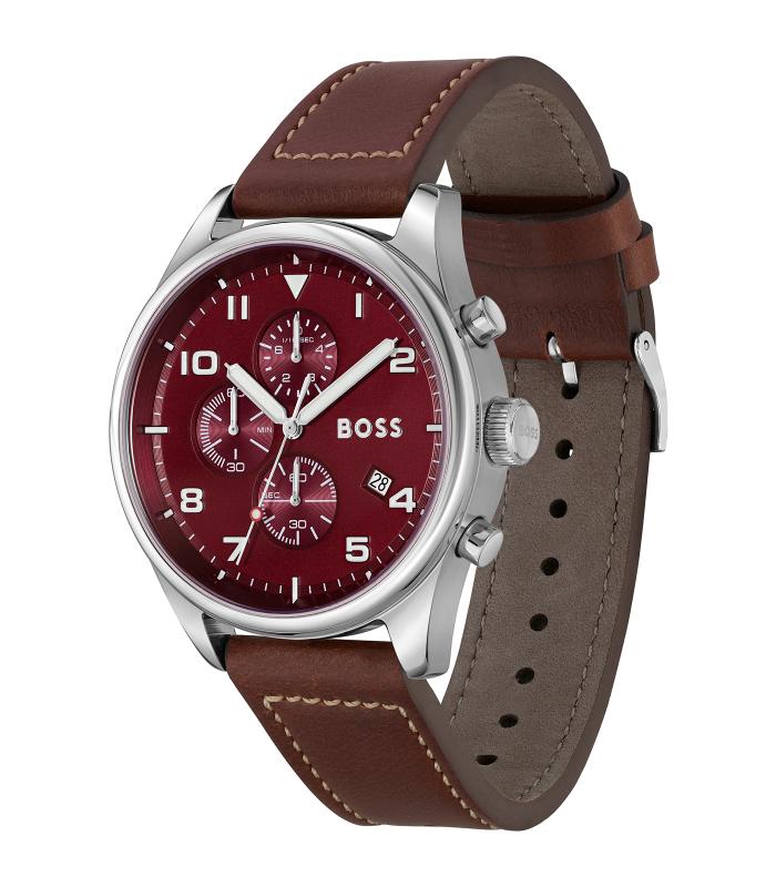 Boss - View - Homme -  Bracelet Camel -  Cadran Rouge - Boitier Argenté - 44 Mm - 5 Atm