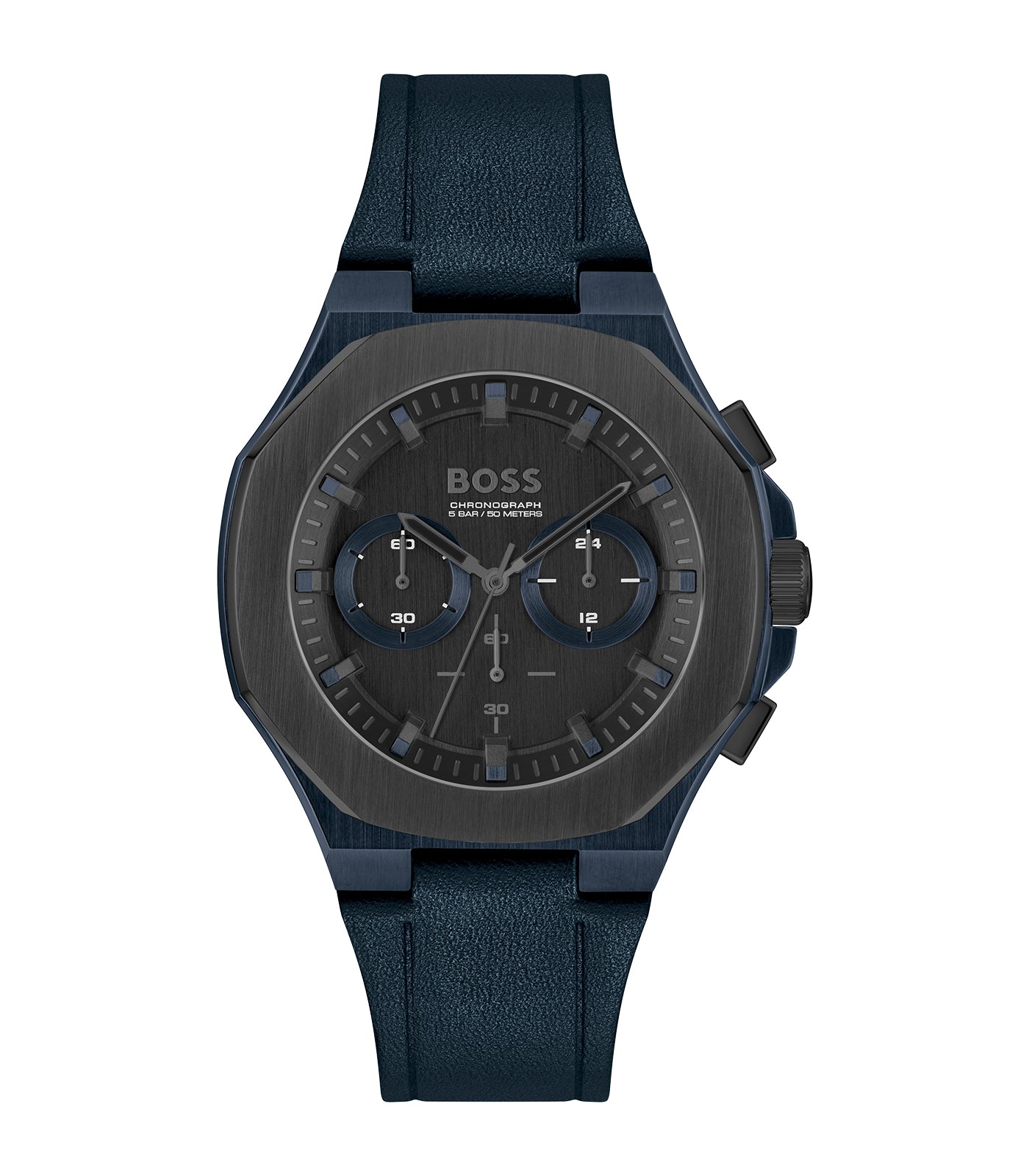 Boss - Taper - Homme - Chrono - Bracelet Cuir Bleu - Boitier Acier - Cadran Noir