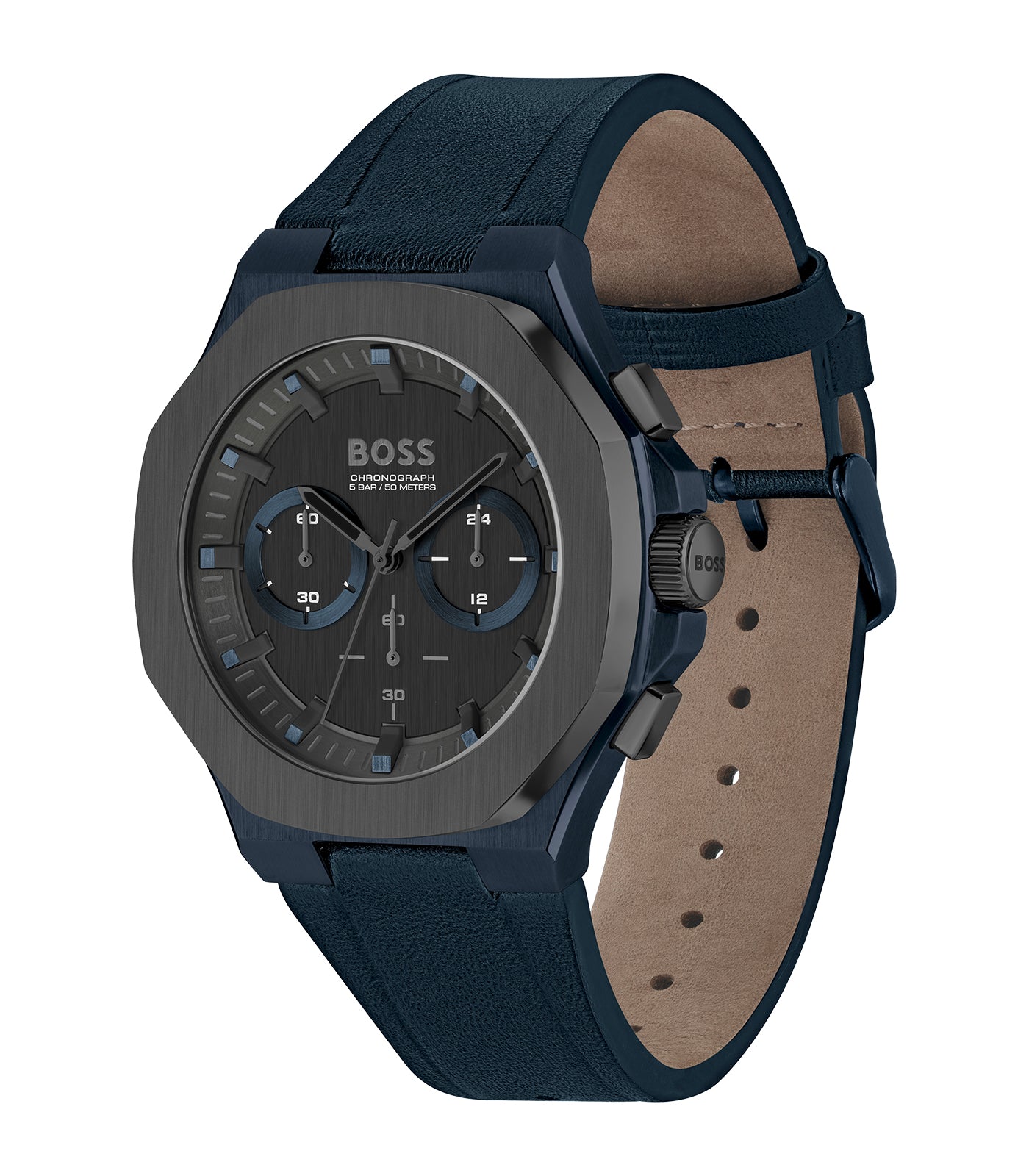 Boss - Taper - Homme - Chrono - Bracelet Cuir Bleu - Boitier Acier - Cadran Noir