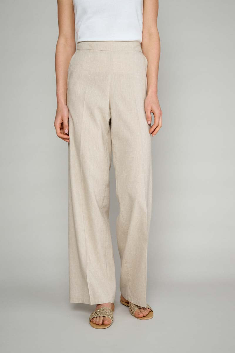 Pantalon Large En Lin Mélangé Beige  - Beige