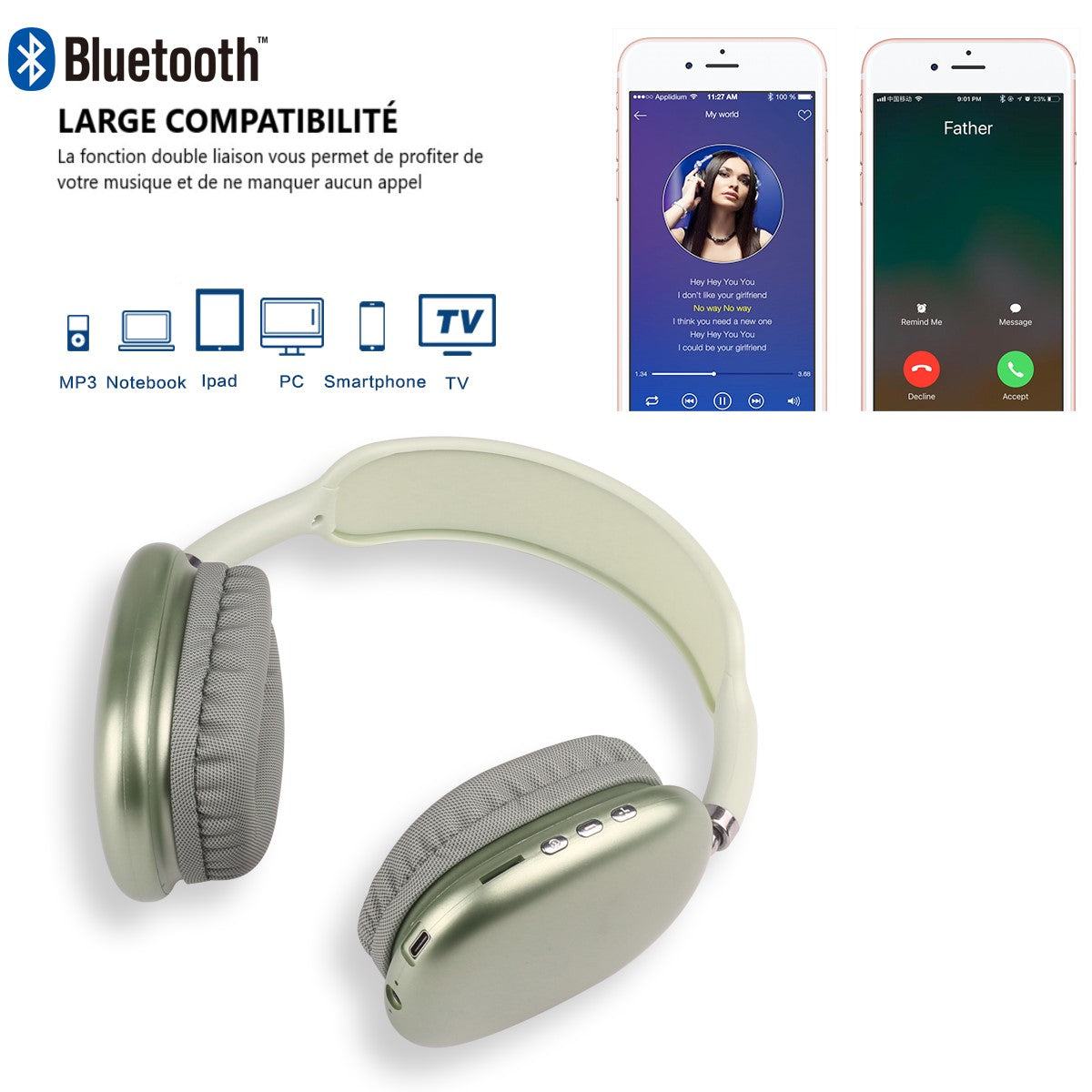 Casque Sans Fil Bluetooth - Vert