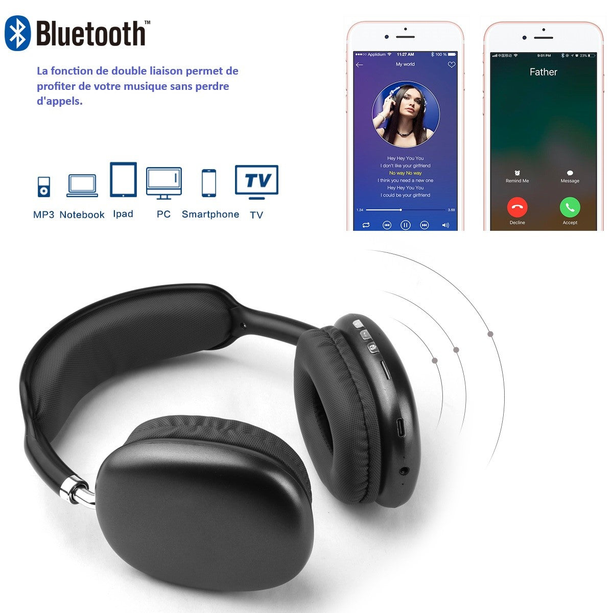 Casque Sans Fil Bluetooth - Noir