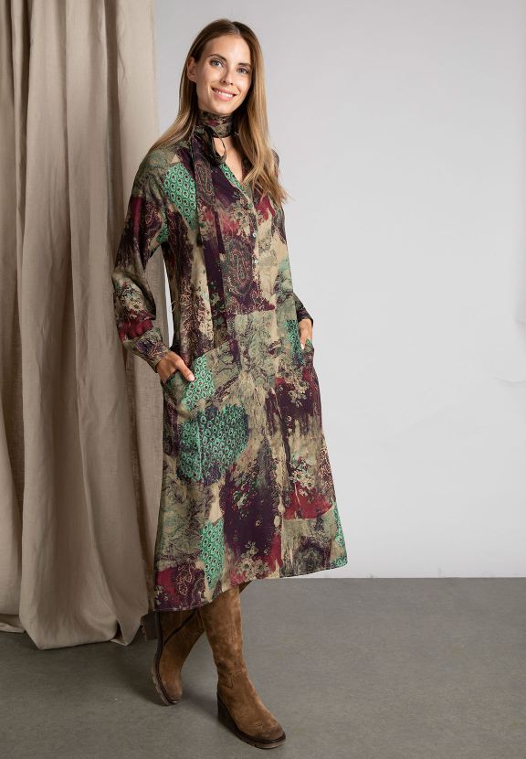 Femme Robe Midi En Viscose À Motifs Multiples