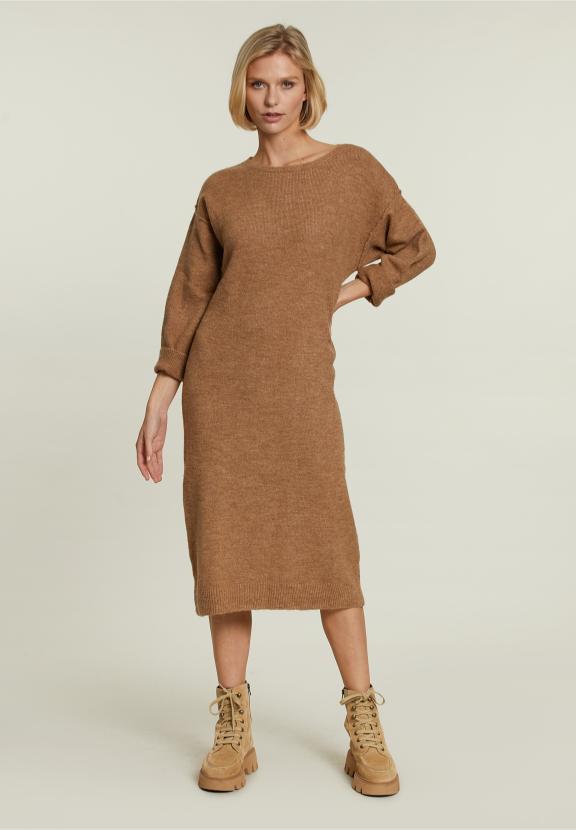 Robe Tricotée Beige à Col Rond - Marron