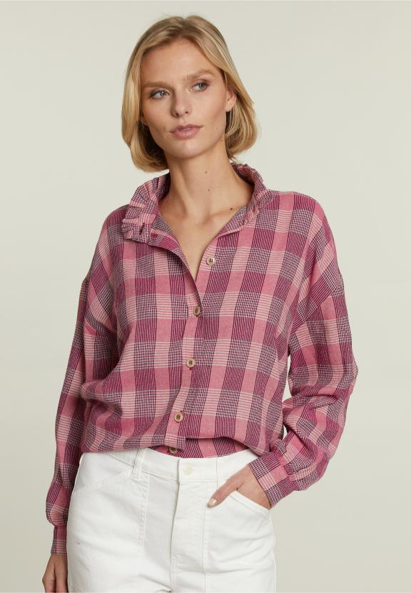 Blouse à Carreaux Multiples avec Col à Volants - Rose