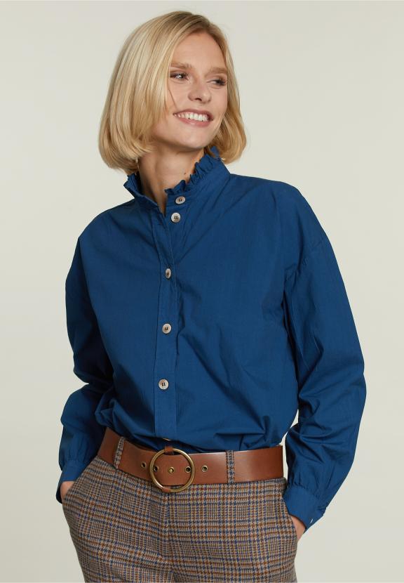 Blouse Bleue Avec Col à Volants