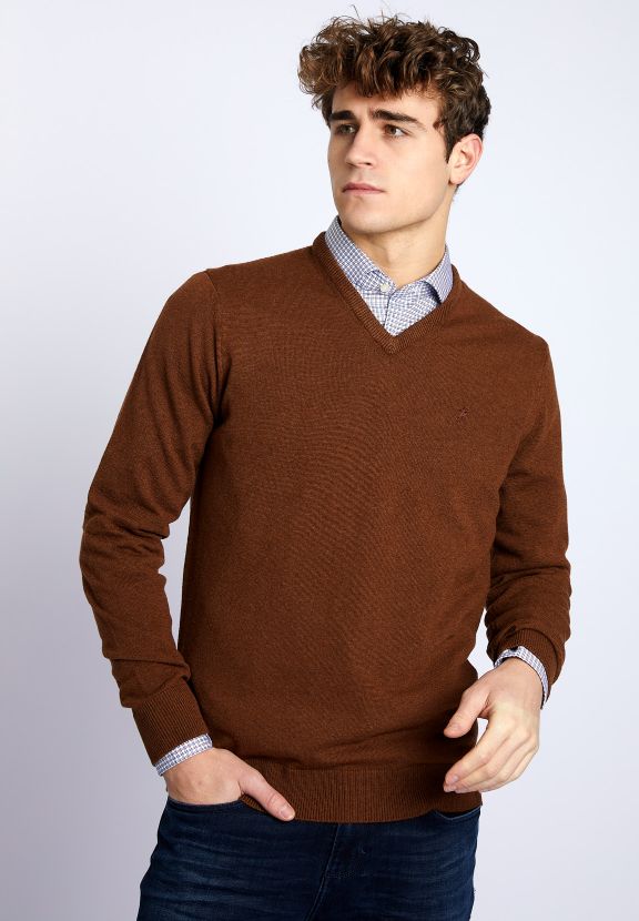 Homme Pull Basique À Col En V En Marron