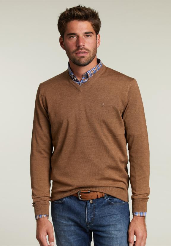 Pull en V sur mesure en mérinos Crumble Mix - Marron