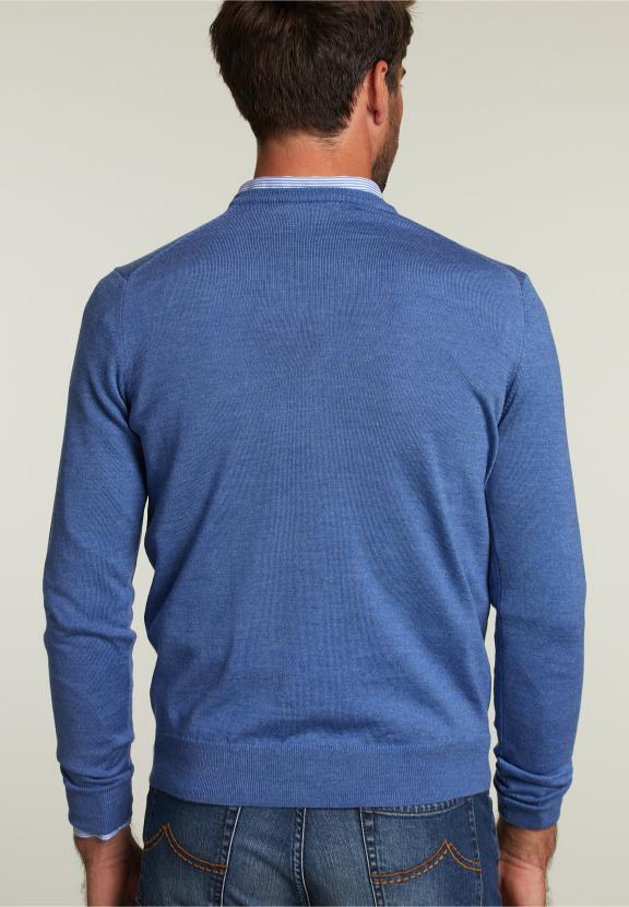 Pull en V sur mesure en mérinos bleu mix urbain