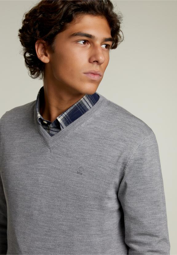 Pull en V sur mesure en mérinos Oxford Mix - Gris