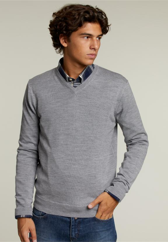 Pull en V sur mesure en mérinos Oxford Mix - Gris