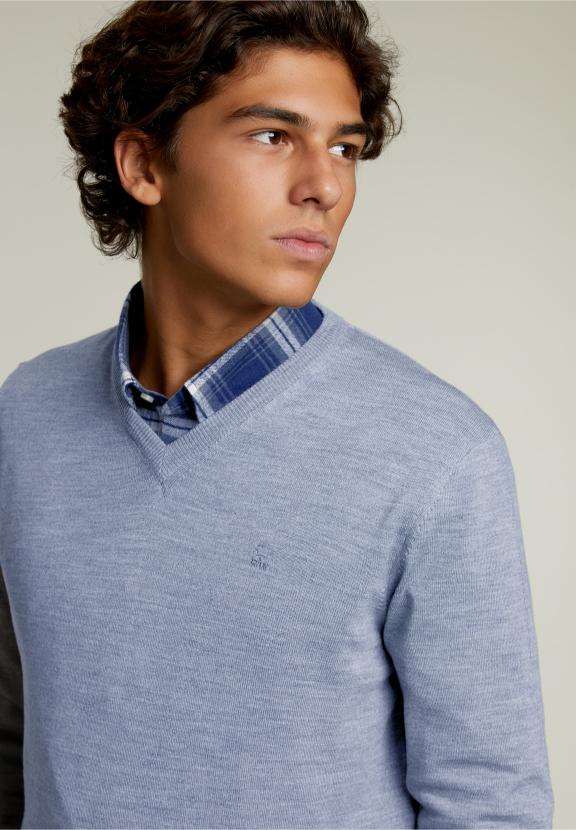 Pull en V sur mesure en mérinos Sky Mix - Bleu