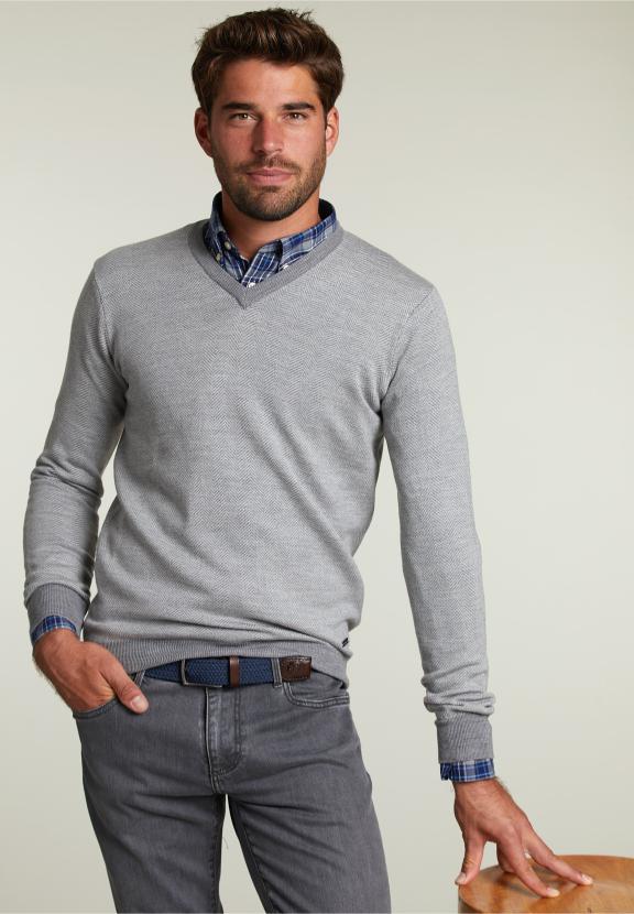 Pull en V sur mesure en mérinos Oxford Mix - Gris