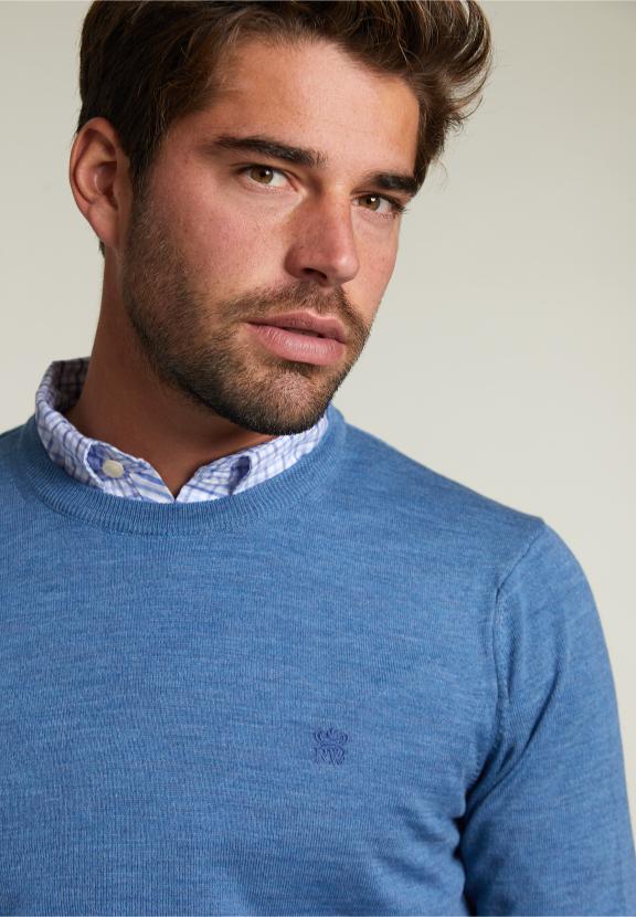 Pull Col Rond Sur Mesure en Laine Mérinos Wall Street Mix - Bleu